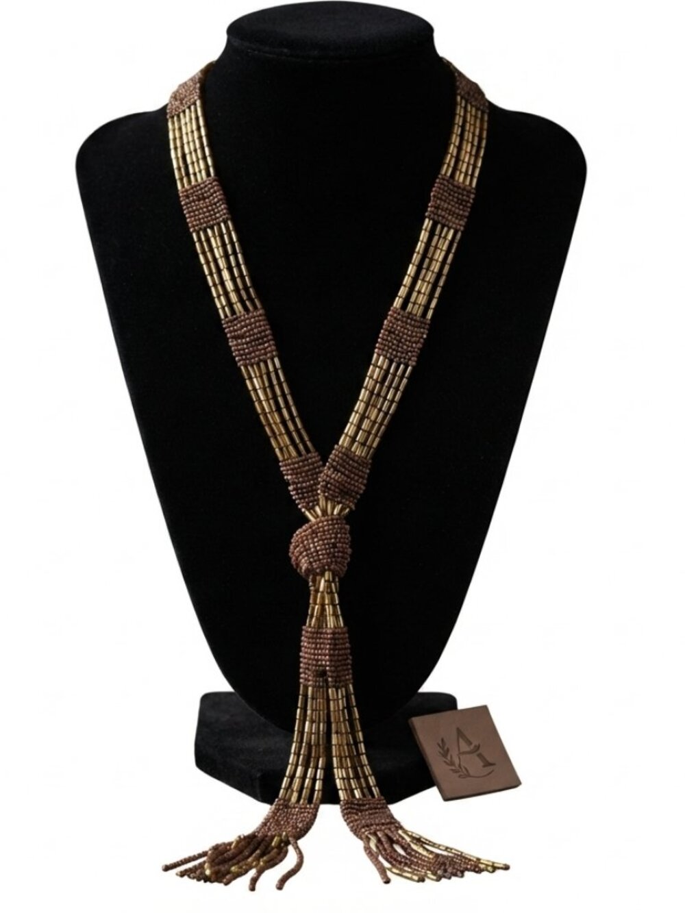 Mystique Boutique Brown & Gold Beaded Tie-Knot Tassel Necklace
